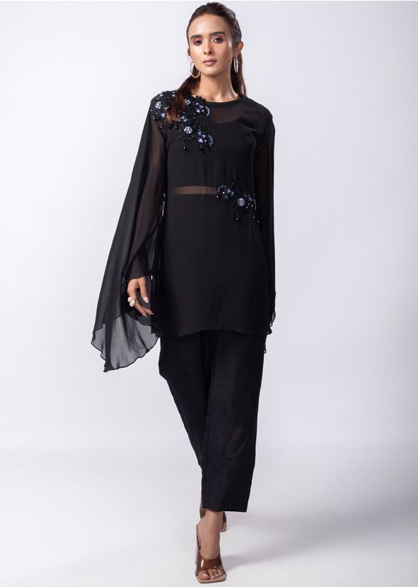 Black Embroidered Top & Bottom In Silk