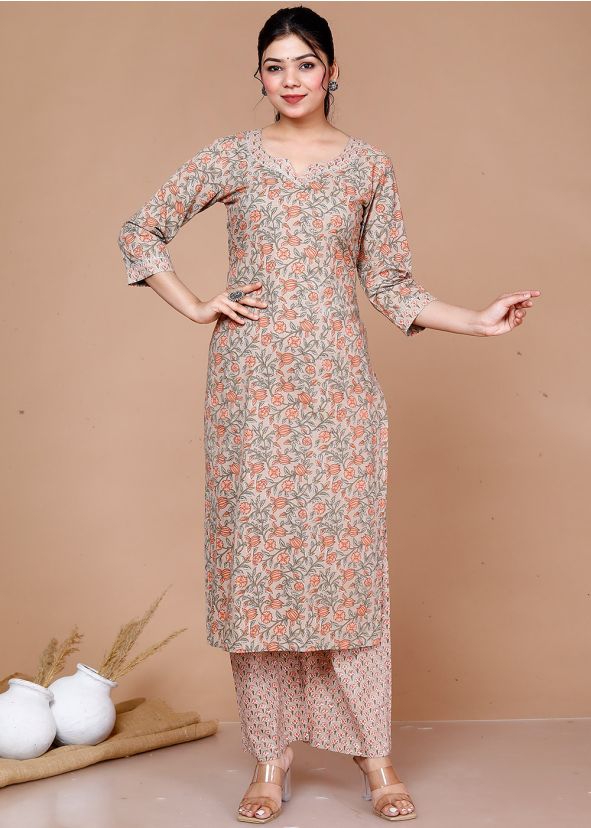 Readymade Brown Floral Print Kurta Set