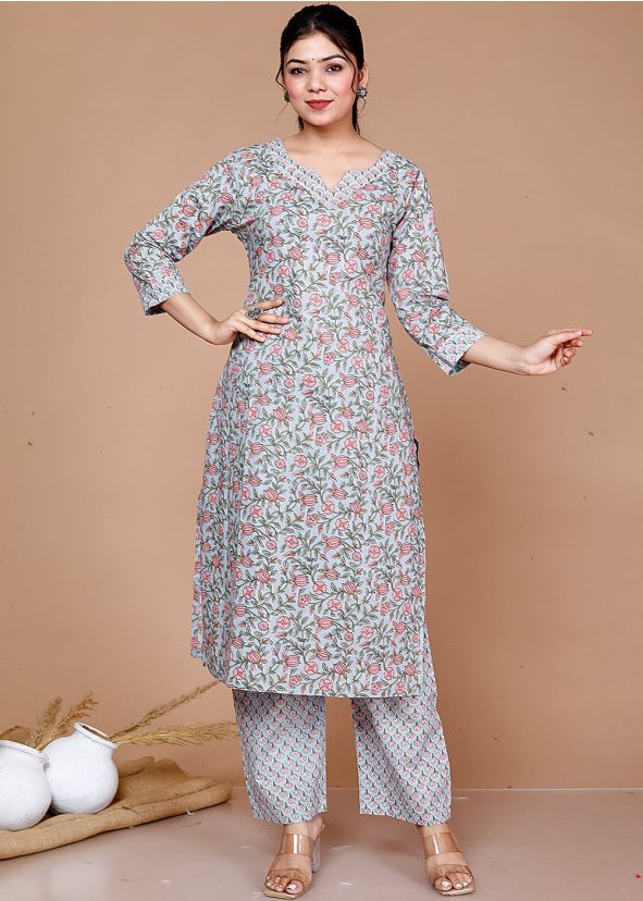 Blue Readymade Kurta Set In Floral Print