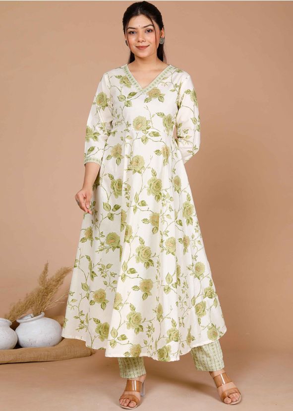 Off White Floral Print Kurta Set In Cotton