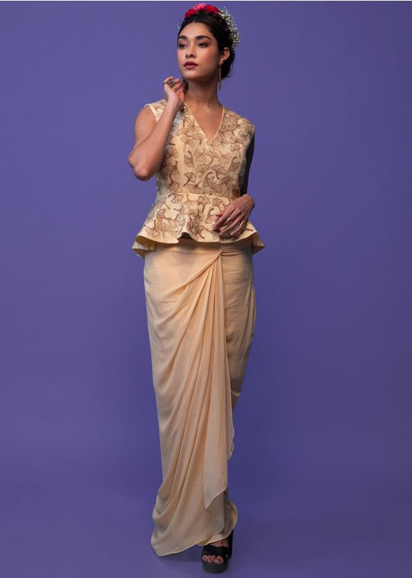 Beige Embroidered Peplum Style Draped Skirt Set