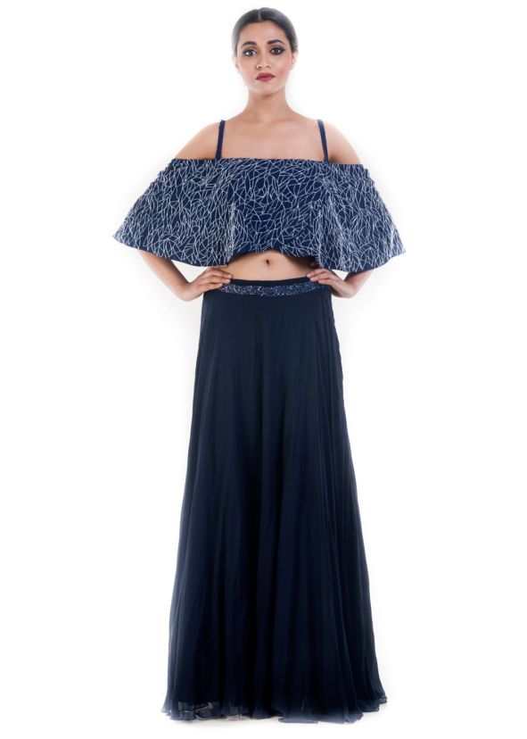 Navy Blue Bandeau Top With Georgette Skirt