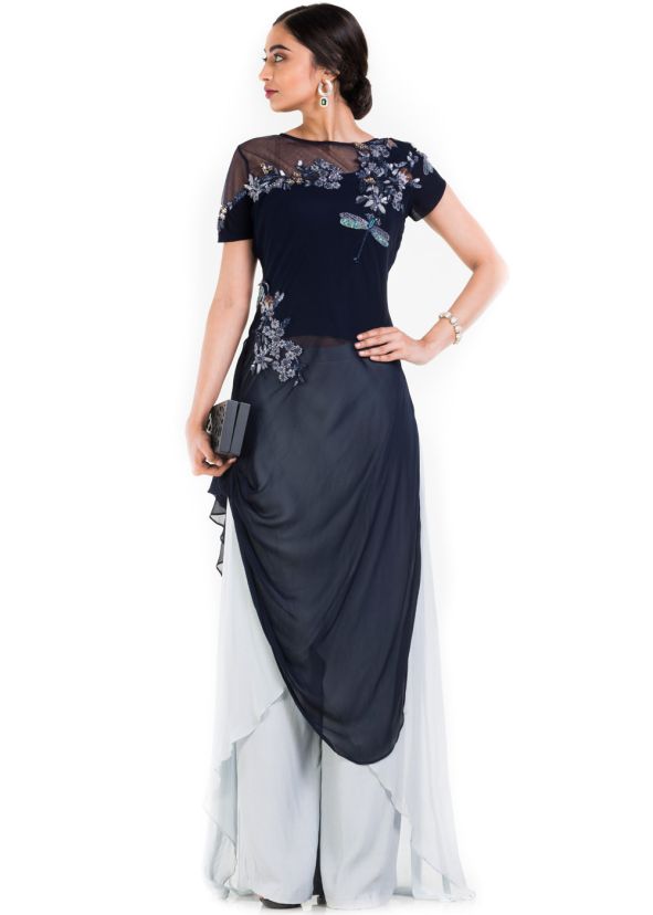 Dark Blue Draped Top With Layered Palazzo