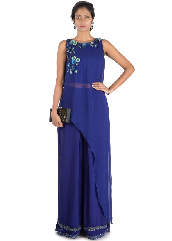 Blue Georgette Asymmetric Tunic With Palazzo 