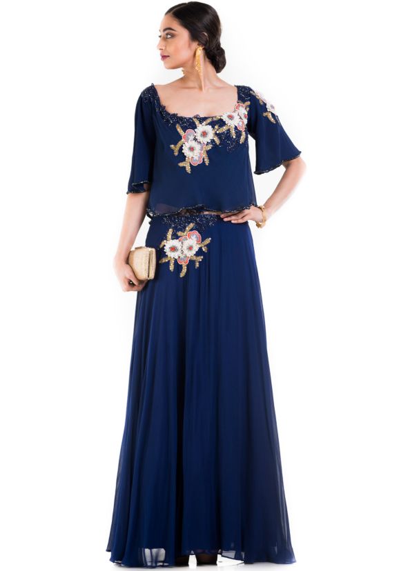 Blue Embroidered Cape Style Georgette Gown