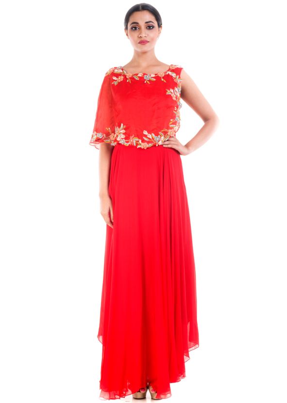 Bright Red Flared Gown With Attached Half Cape