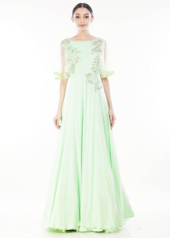 Indo Western dress: Pastel Green Cape Sleeves Georgette Gown