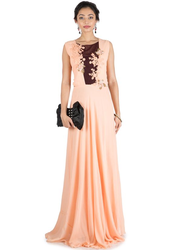 Peach Georgette Net Designer Gown