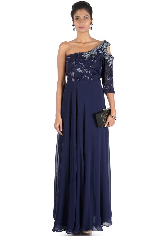 Navy Blue Designer One Shoulder Gown 