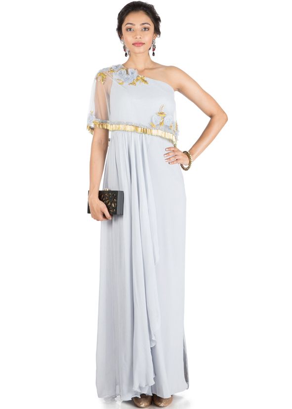 Light Grey Georgette Cape Style Gown