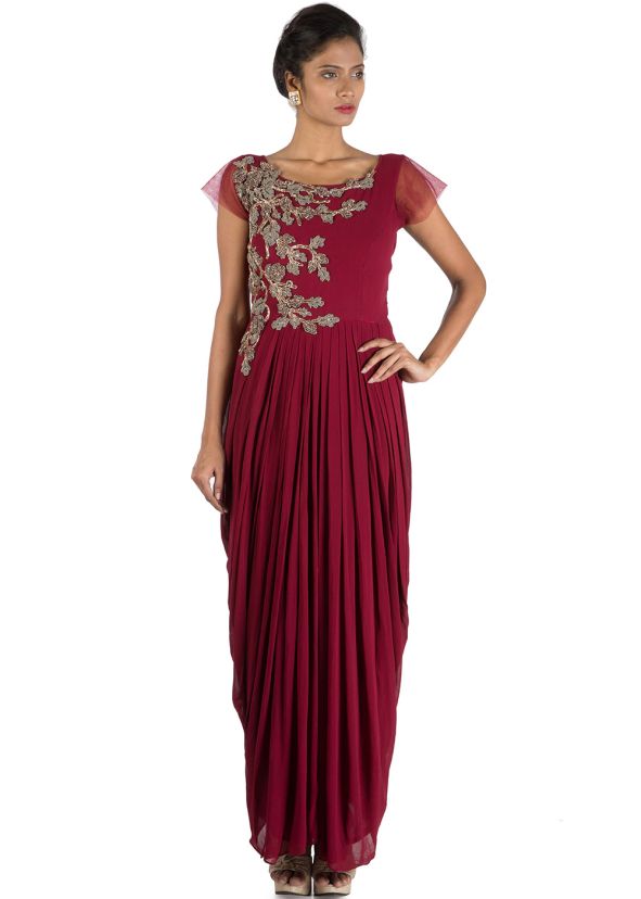 indo western outfits for ladies: Maroon Georgette Dhoti Style Gown