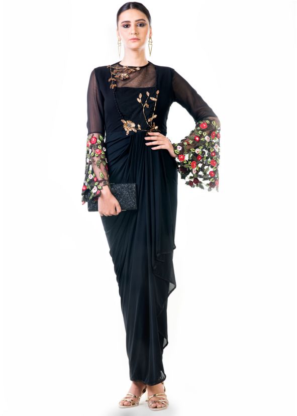 Black Embroidered Georgette Lycra Draped Gown