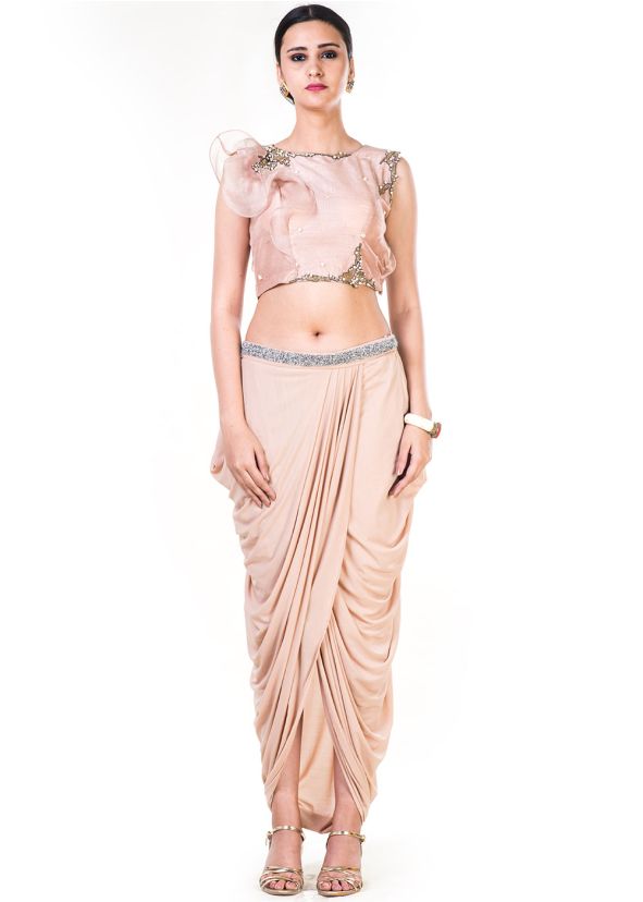 Peach Silk Crop Top With Draped Skirt