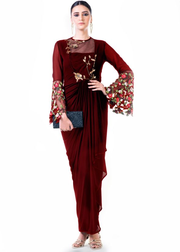 Maroon Embroidered Georgette Lycra Draped Gown