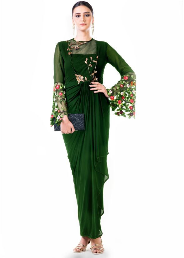 Green Embroidered Georgette Lycra Draped Gown