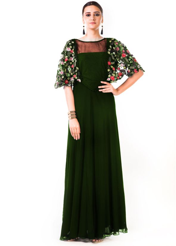 Dark Green Hand Embroidered Georgette Gown