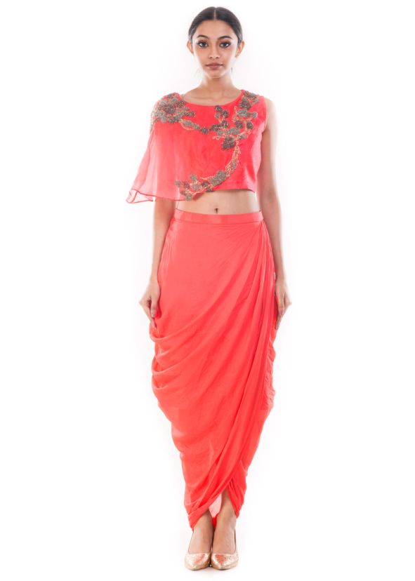 Peach Raw Silk Crop Top With Skirt