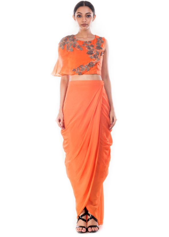 Orange Raw Silk Crop Top With Skirt