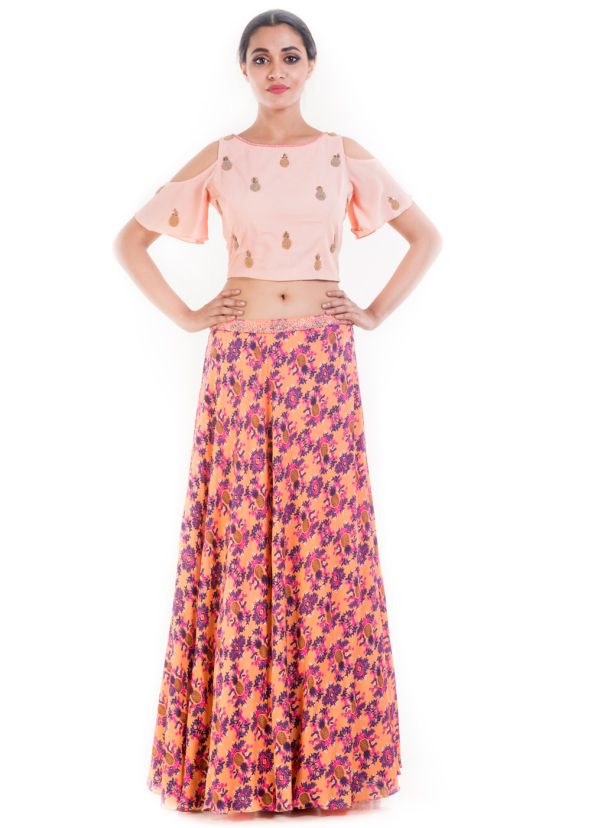 Peach Embroidered Crop Top With Printed Skirt