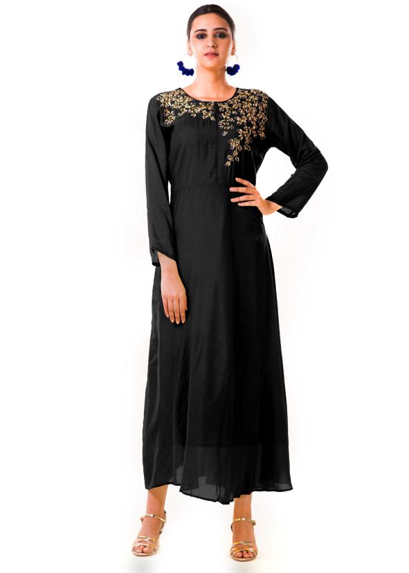 Black Hand Embroidered Cotton Silk Gown