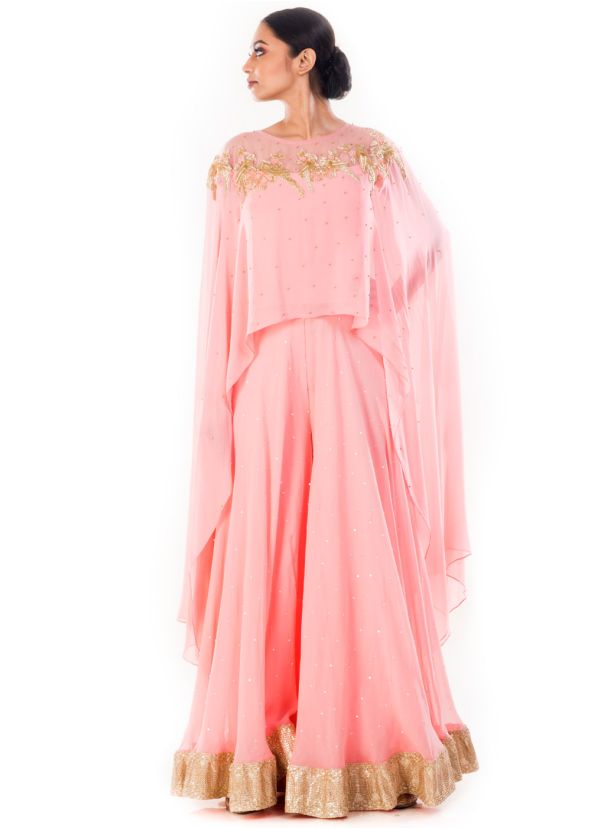 Light Pink Georgette Asymmetric Cape With Palazzo