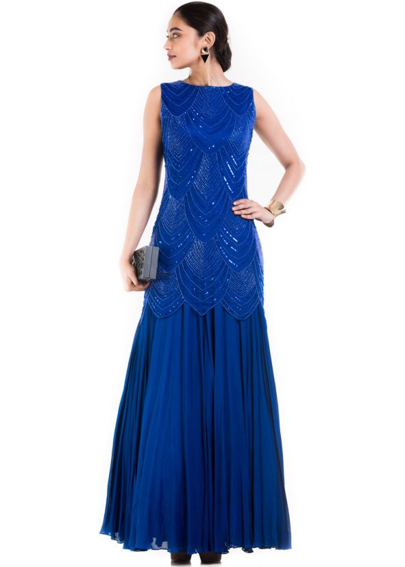 Royal Blue Crape Silk & Net Fish Cut Gown