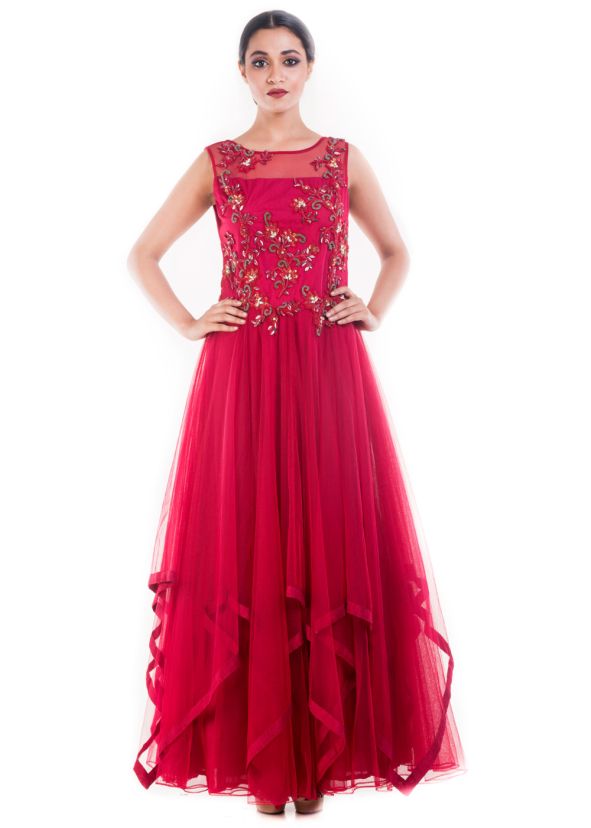 Maroon Embroidered Net Flared Princess Gown