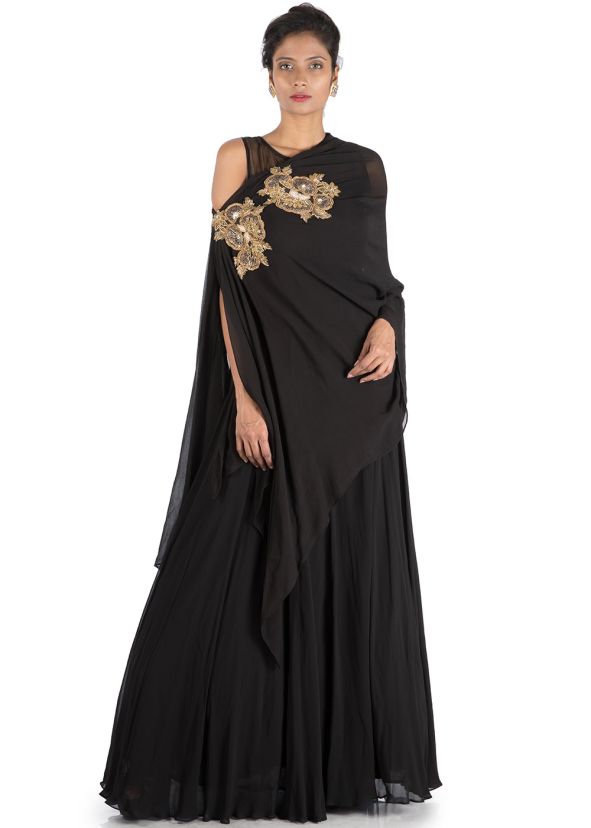 Black Geogette Side Slit Cape Stye Gown 