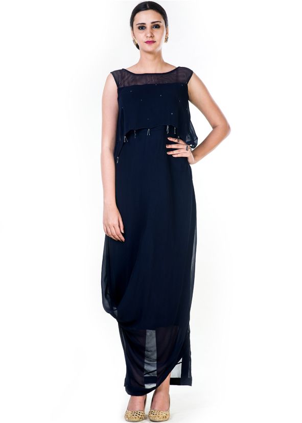 Navy Blue Draped Georgette Readymade Gown