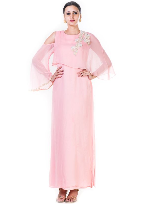 Pink Cold Shoulder Cape Style Gown