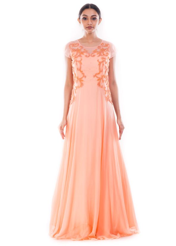 Peach Chiffon & Net Full Length Readymade Gown 