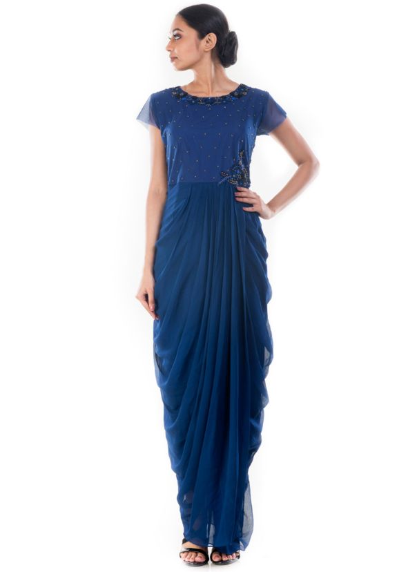 Blue Dhoti Style Cowled Georgette & Net Gown 