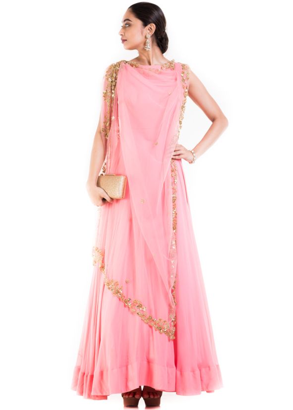 Light Pink Gown With Embroidered Cape