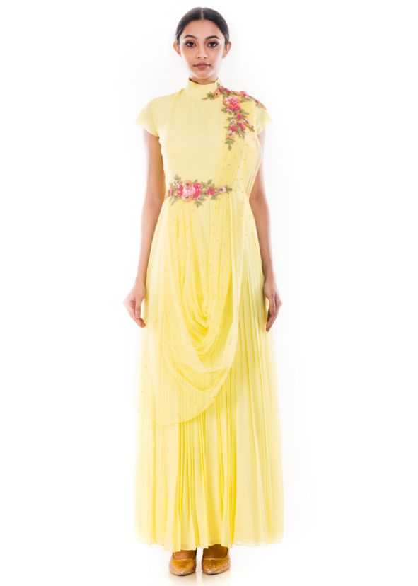 Yellow Hand Embroidered Gown With Attached Dupatta