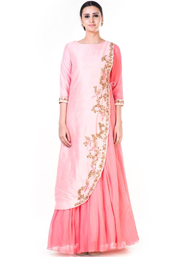 Pink Overlap Silk Readymade Indian Gown