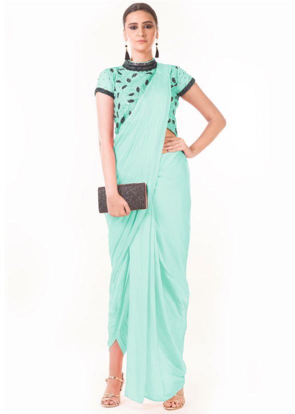 Pastel Green Draped Dhoti With Blouse