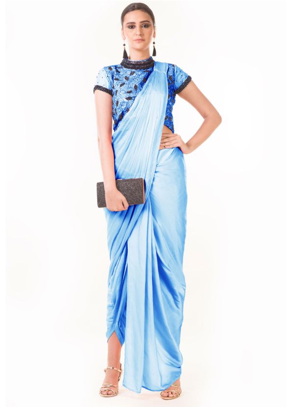 Indo Western Dress: Buy Blue Draped Dhoti With Embroidered Blouse Online