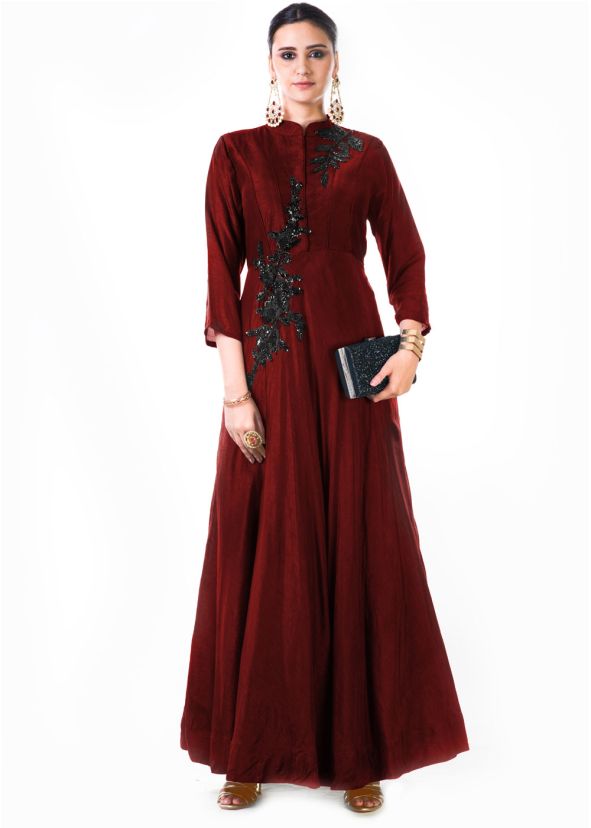 Maroon Beads Embroidered Silk Gown