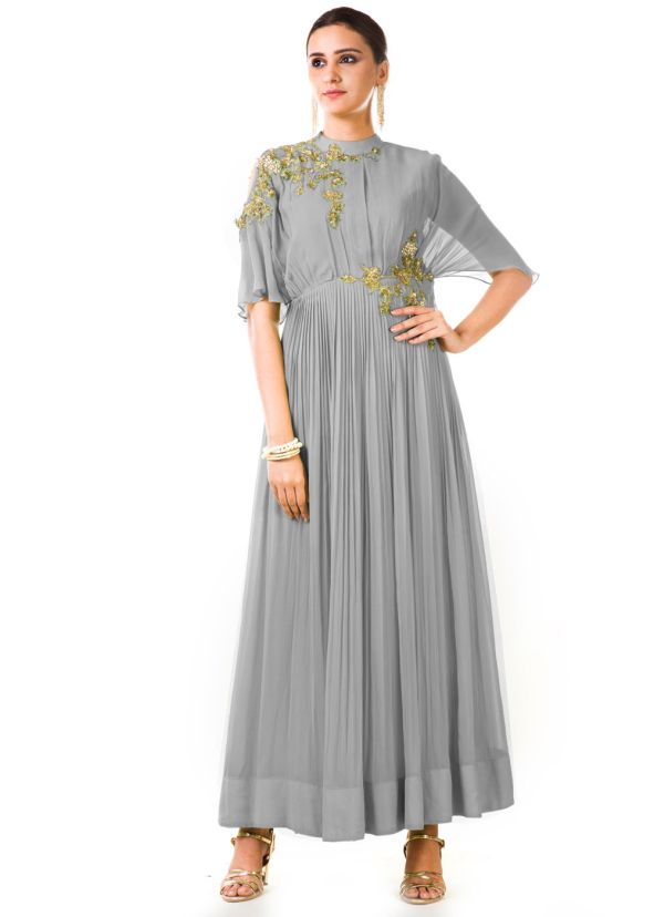 Grey Hand Embroidered Georgette Designer Gown