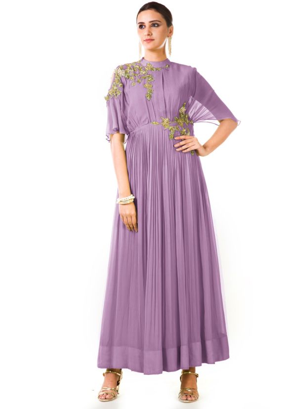 Lavender Hand Embroidered Georgette Designer Gown