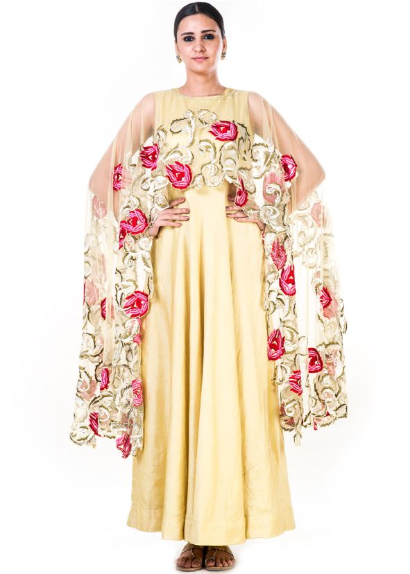 Yellow Silk Embroidered Cape Style Gown 