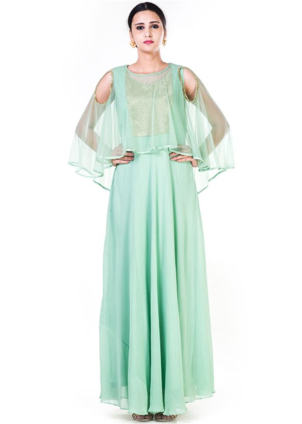 Pastel Green Cold Shoulder Cape Style Gown