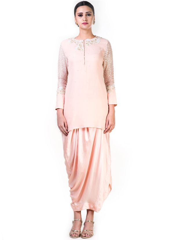 Pastel Peach Gota Work Kameez With Draped Skirt