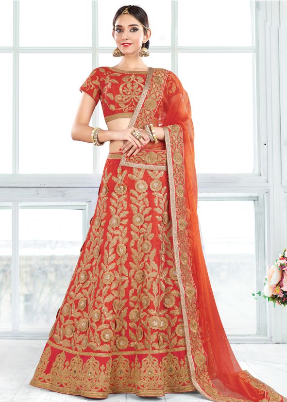 Art Silk Orange Lehenga Choli Online Shopping With Dupatta in USA