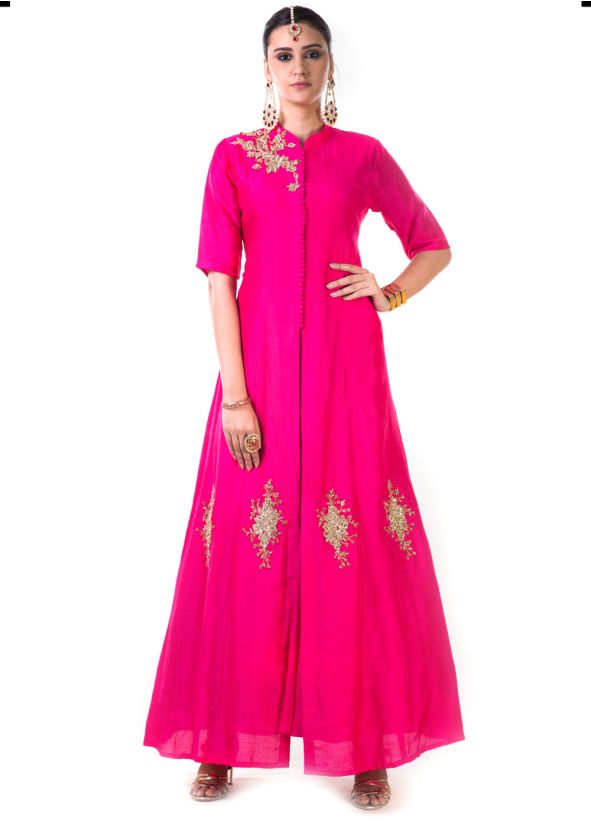 Fuchsia Pink Hand Embroidered Jacket Style Gown