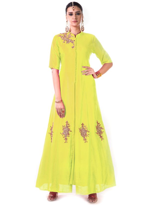 Lemon Yellow Hand Embroidered Jacket Style Gown