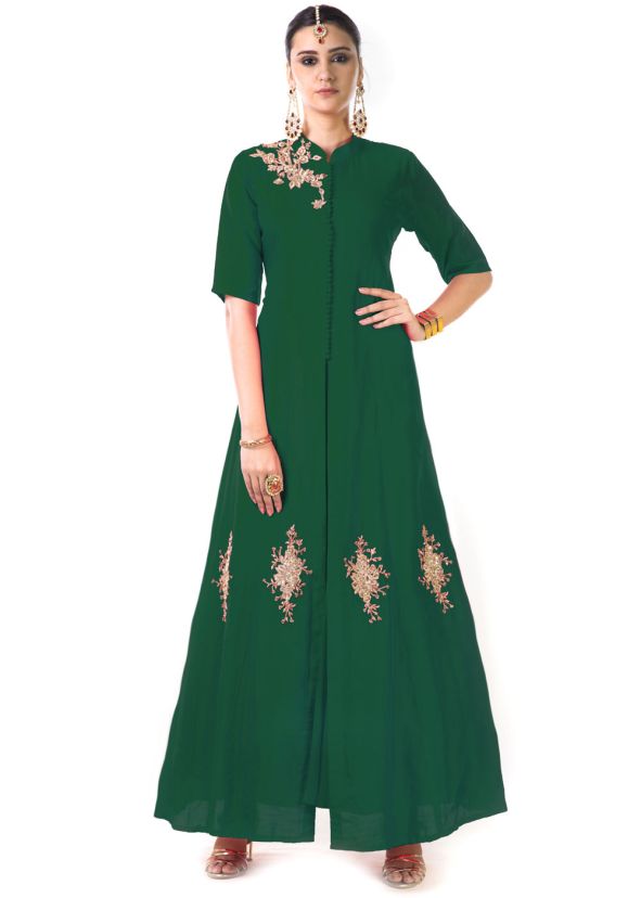 Green Hand Embroidered Jacket Style Gown