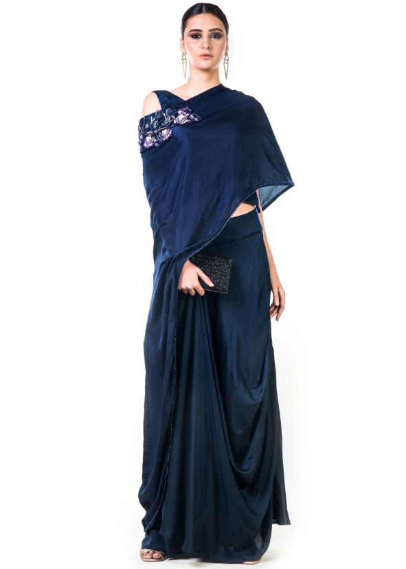 Navy Blue Satin Skirt With Asymmetric Cape