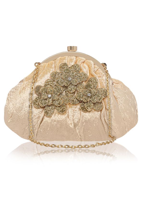 Cream Kiss Lock Clutch With Zari Embroidery