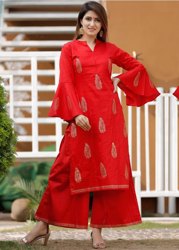 Red Bell Sleeved Block Print Kurta Palazzo Set